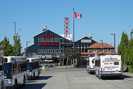 The Port Angeles Wharf and waterfront district in downtown Port Angeles Washington